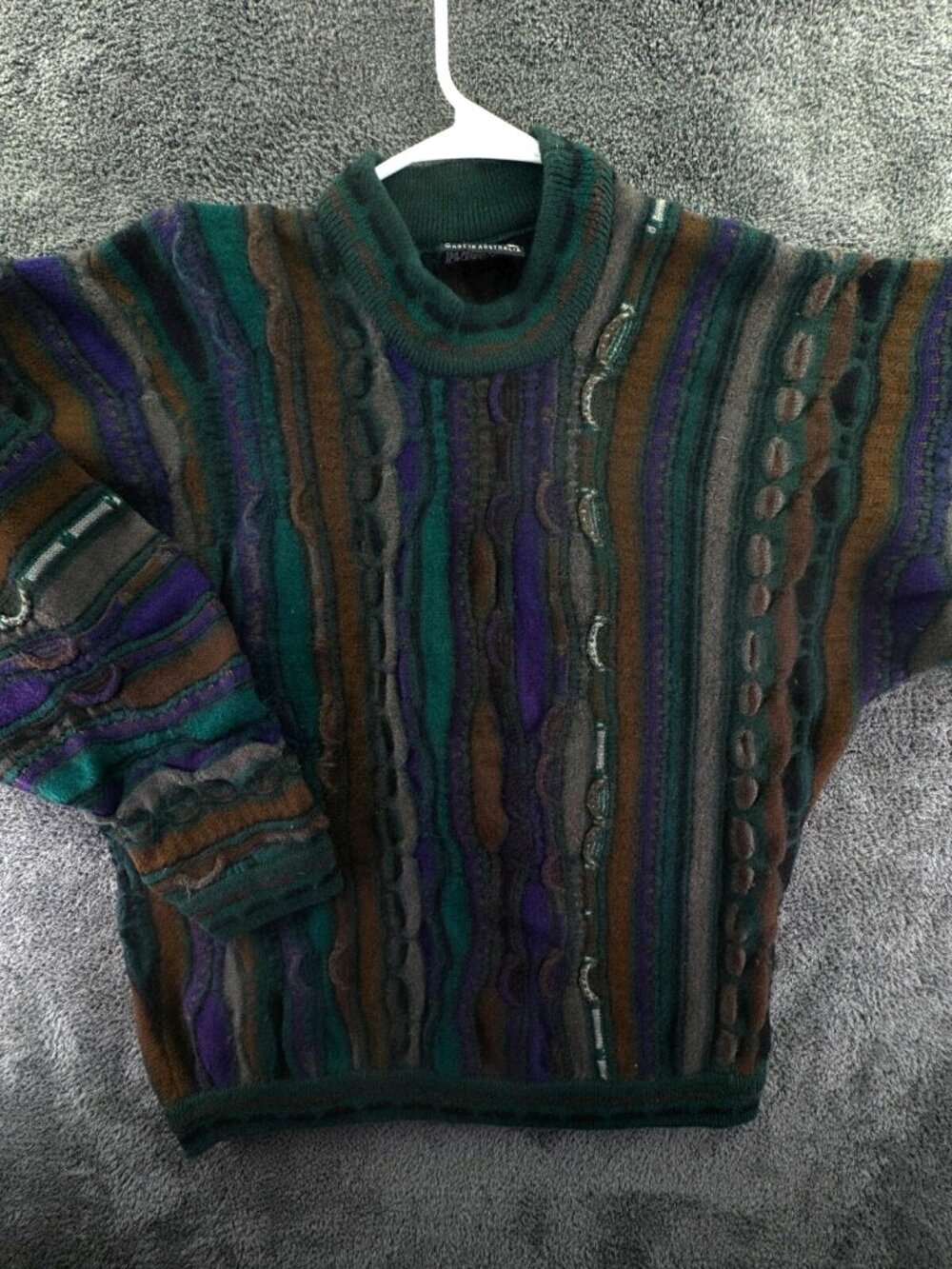 COOGI Pure New Wool Sweater Green Purple Pullover Knit Soft Large Australia Men
